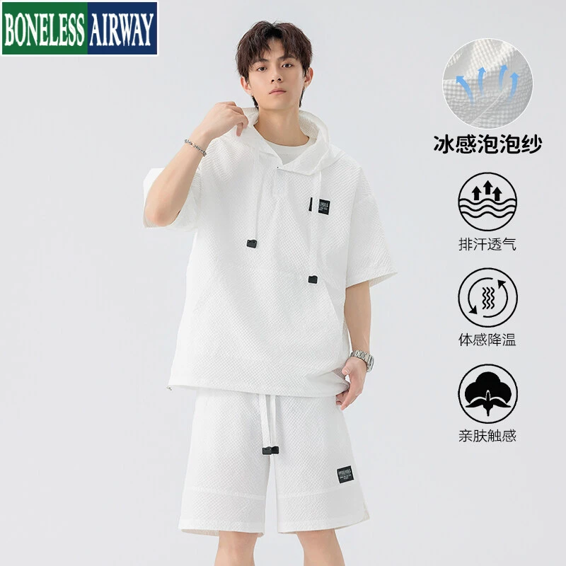 BONELESS AIRWAY夏季泡泡纱连帽短袖短裤两件套男士休闲运动套装