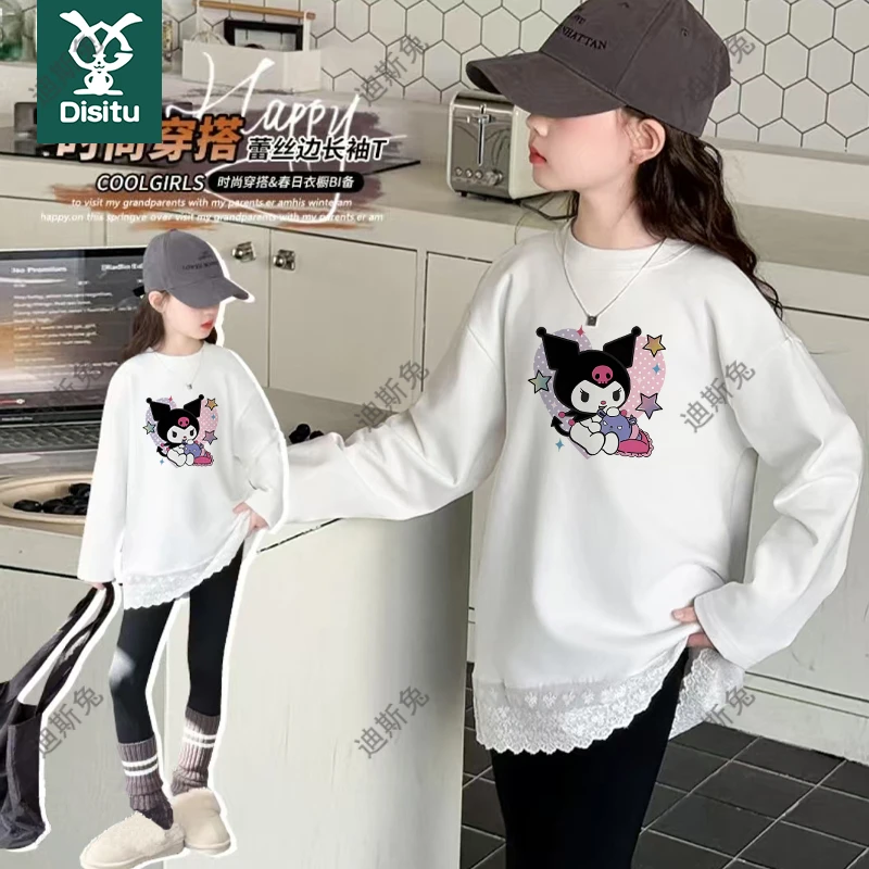 迪斯兔女童打底衫内搭儿童长袖春秋装蕾丝花边中长款t恤裙纯棉潮