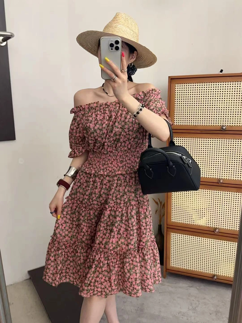 夏季法式收腰遮肚碎花修身气质女士长裙