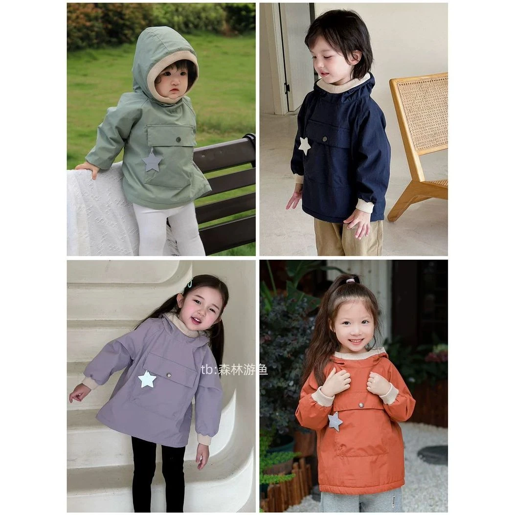 儿童罩衣秋冬新款三防薄绒罩衫男女童宝宝冬季连帽风衣外套耐脏