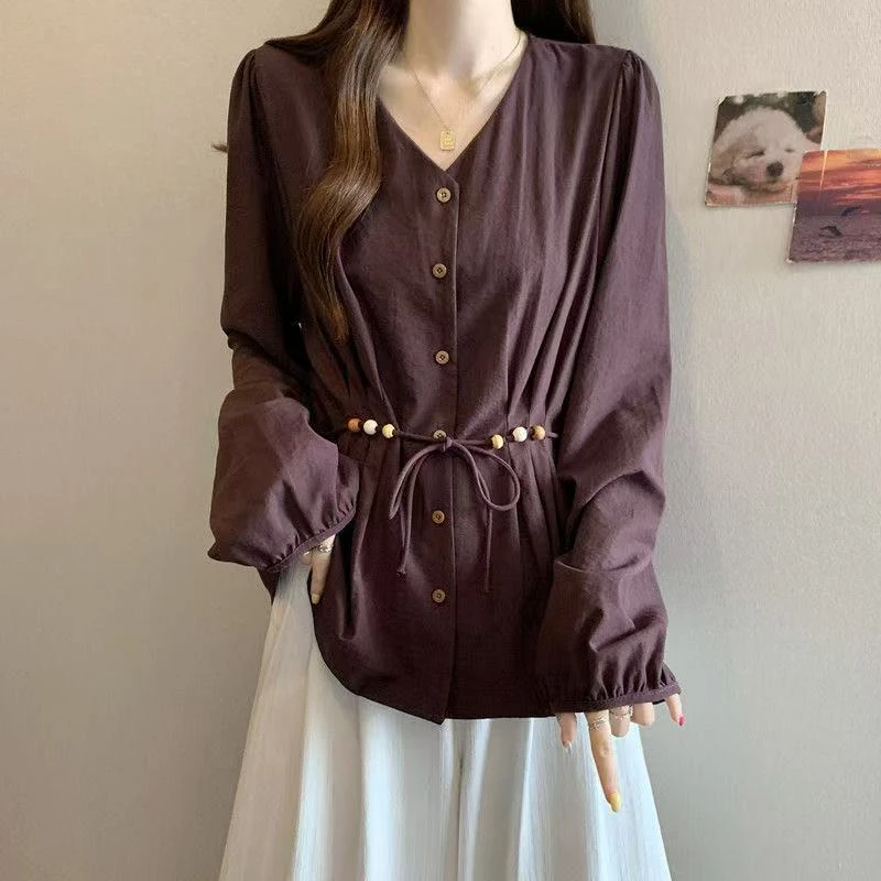 2025秋季新款大码法式串珠腰带高端气质束腰胖mm遮肉宽松百搭衬衫