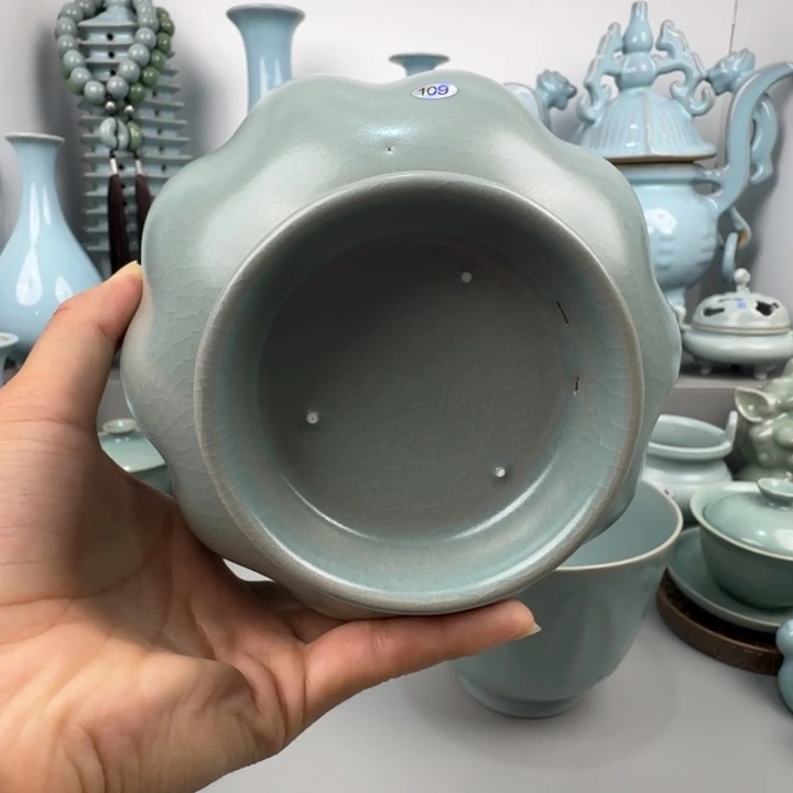 摆件汝瓷莲花碗支钉烧仿古釉大瑕109