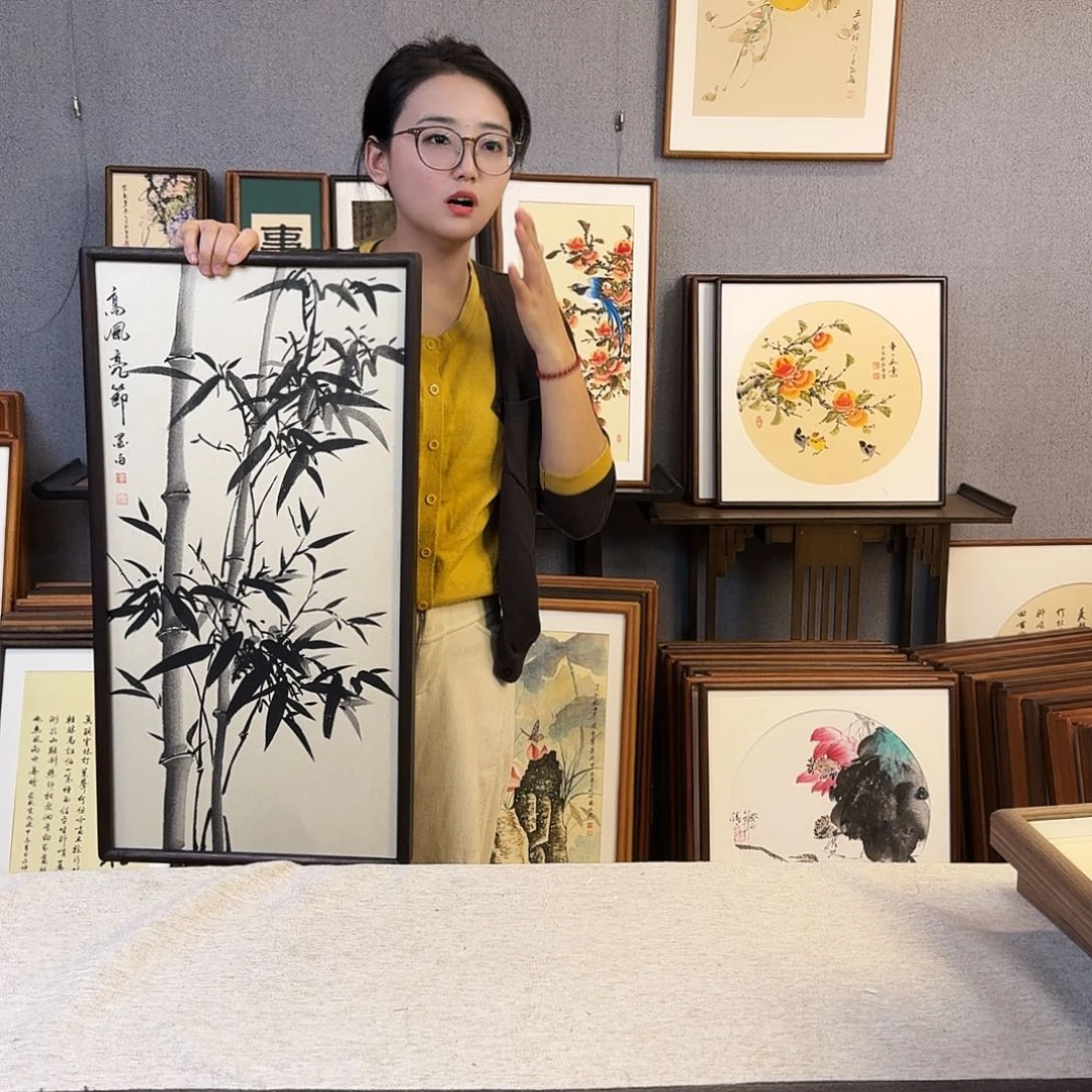 国画纯手绘，纯手写带框尺寸：36×69厘米