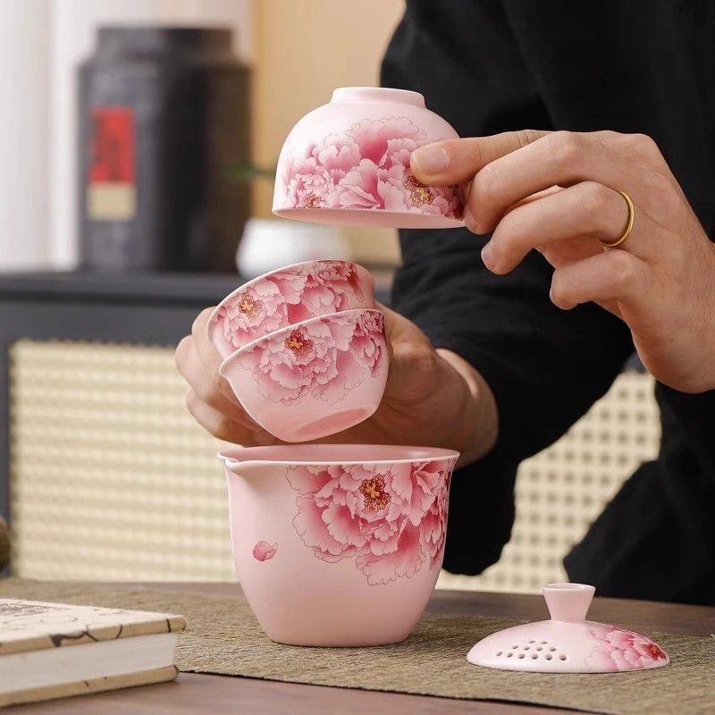 少女粉牡丹国潮风快客杯一壶三杯泡茶碗陶瓷家用收纳便携旅行茶具