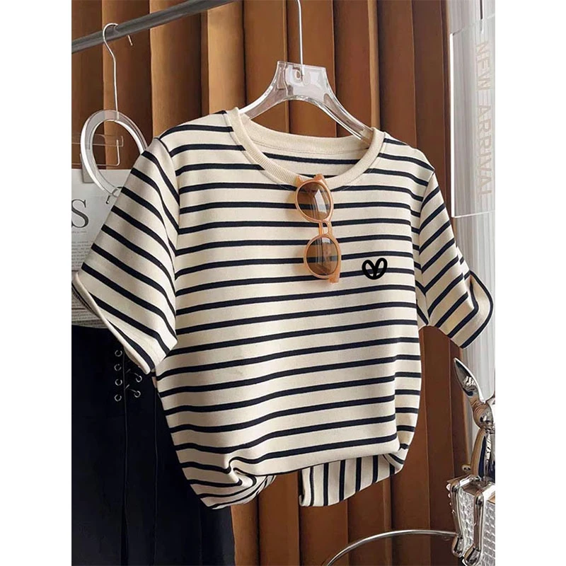 小众设计感正肩圆领条纹简约印花短袖t恤女时尚百搭洋气减龄上衣
