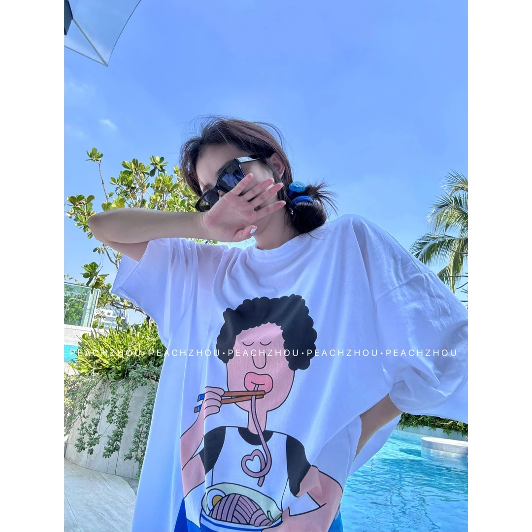 『PEACHZHOU』25度假系列 新疆棉奶奶卷印花宽松圆领休闲慵懒短袖女
