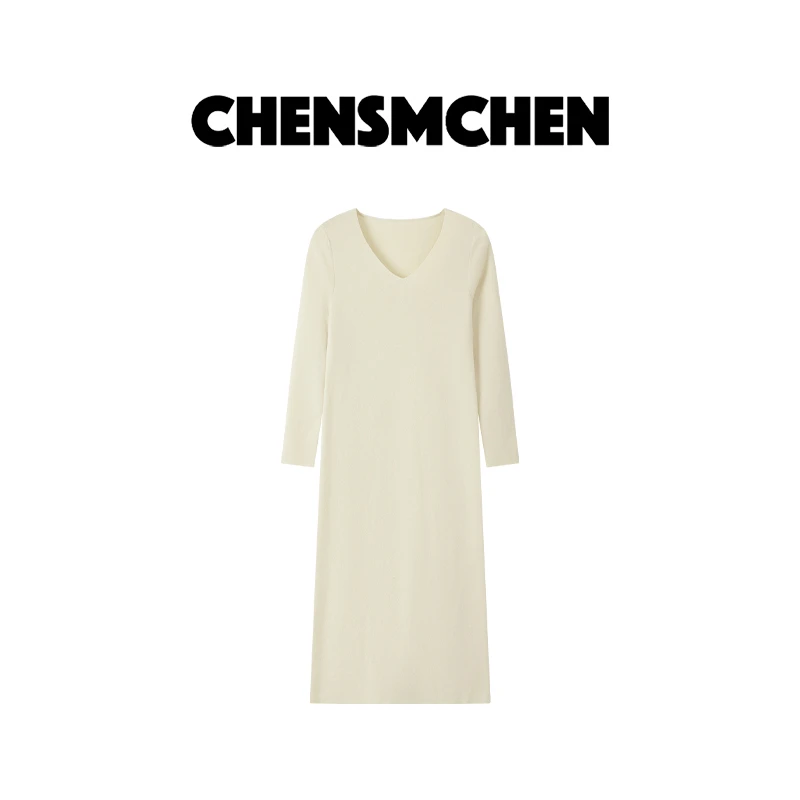 CHENSMCHEN绵羊毛V领长袖针织裙女时尚温柔优雅百搭裙子CSL8908JX