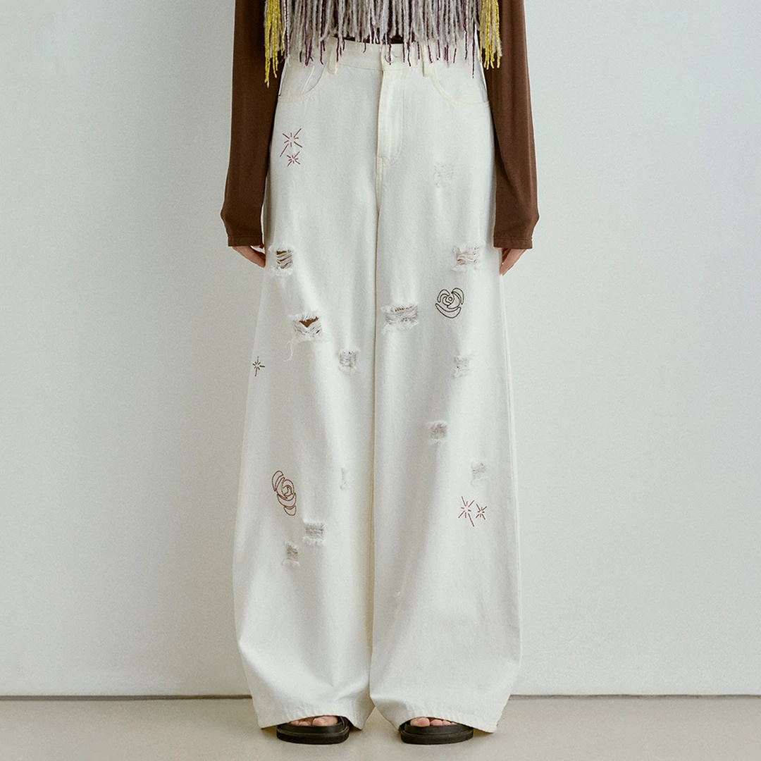 sagestudio白色玫瑰刺绣水洗手工破洞土耳其牛仔裤