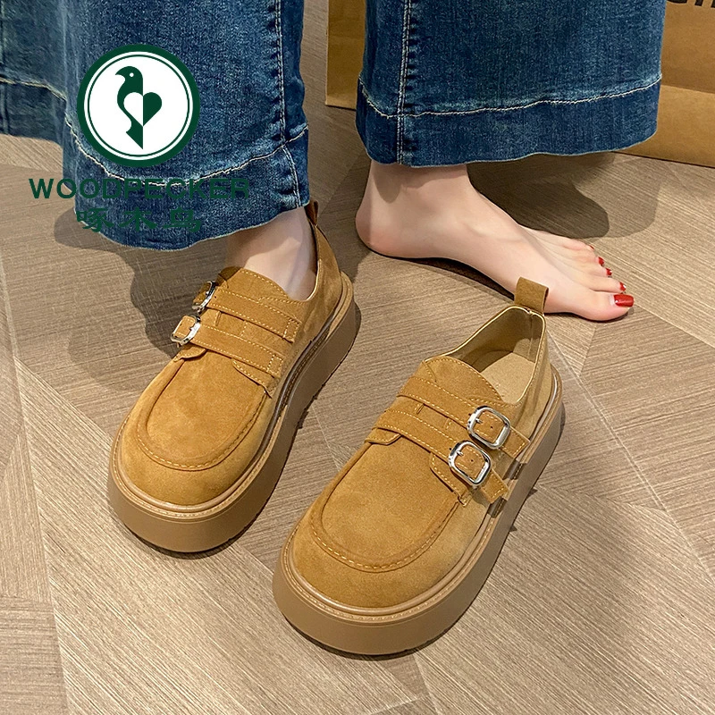 啄木鸟勃肯鞋女2025新款一脚蹬乐福鞋厚底松糕英伦风一字扣带单鞋