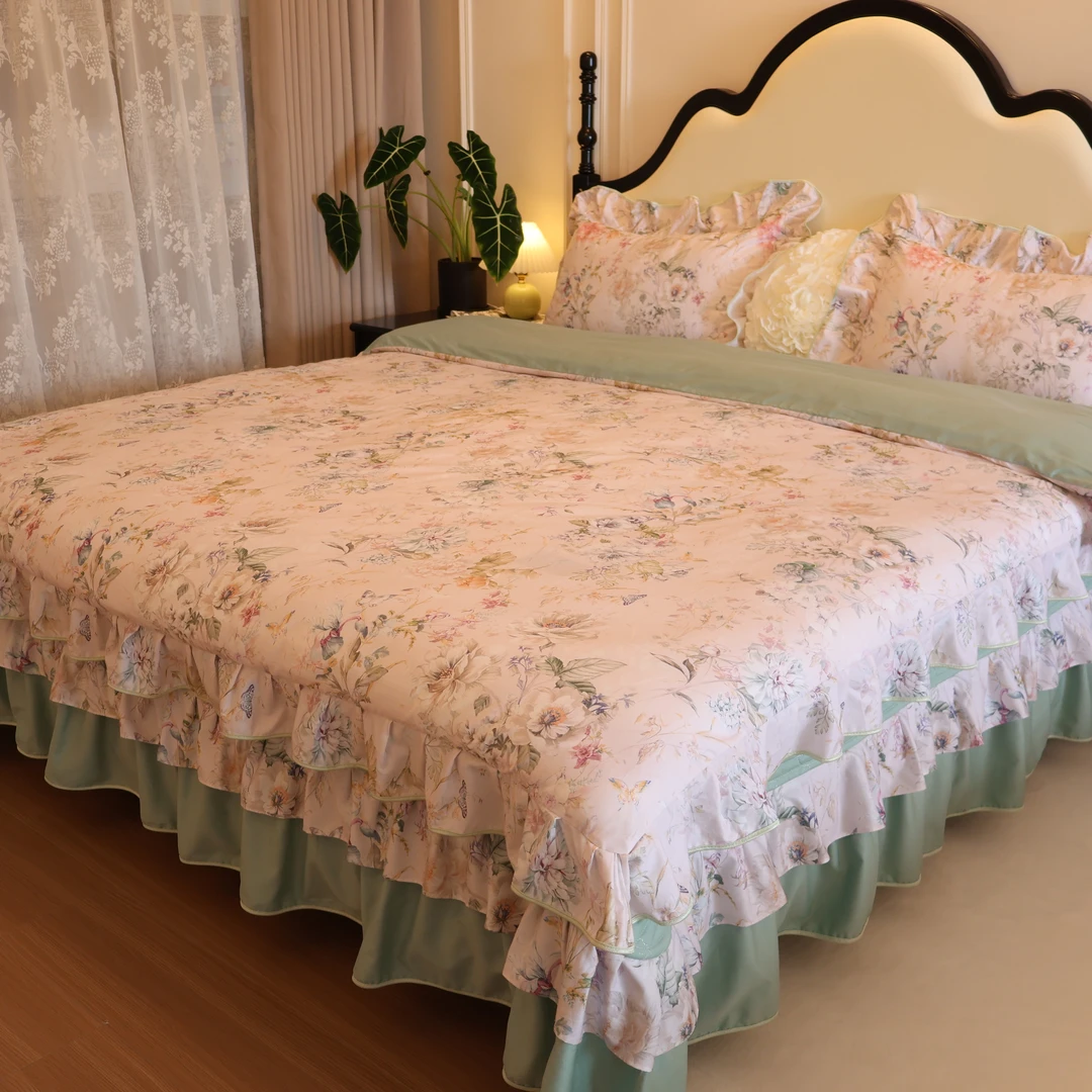 【真珍】雨露花香 全棉纯棉韩版公主风加厚夹棉床盖四件套床上用品