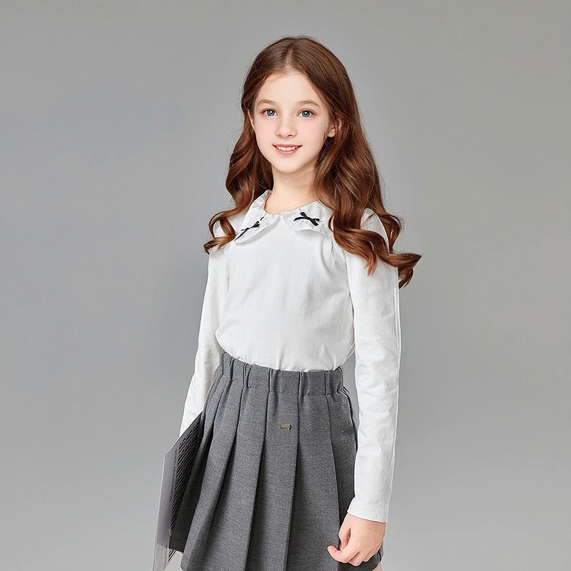 笛莎童装【撞色蝴蝶结 甜美翻领T恤】25年新中大童上衣女童秋款