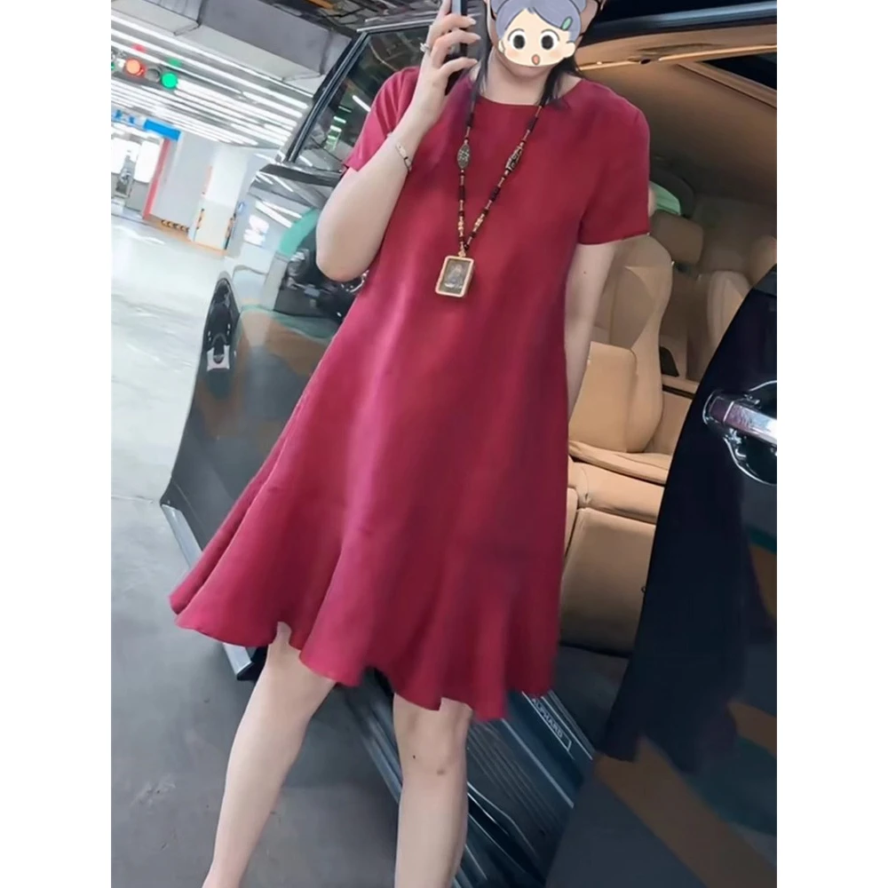 网红爆款夏季新款洋气轻熟风纯色气质中长款遮肉休闲优雅连衣裙女