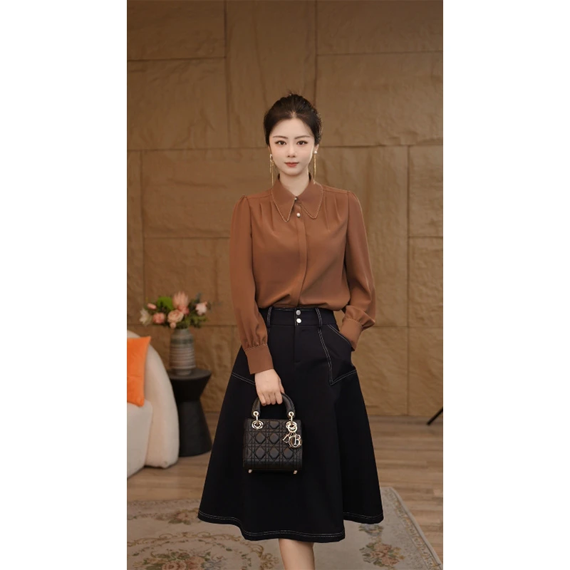 【南桥甄选】曼贝琥珀流光风衬衫女高级显瘦气质衬衣8593393摩卡棕