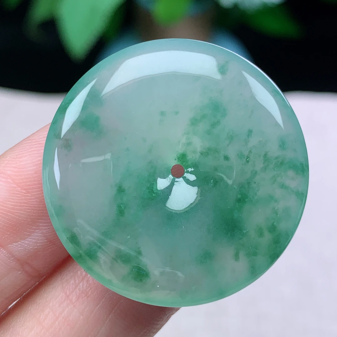 z缅甸天然翡翠A货33.3-6.1玉石老坑冰种飘花平安扣毛衣链吊坠冰透