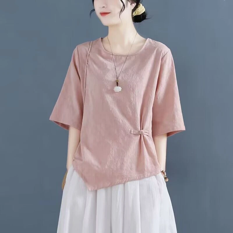 提花棉麻上衣女短袖T恤夏款盘扣棉文艺复古宽松显瘦不规则衣服