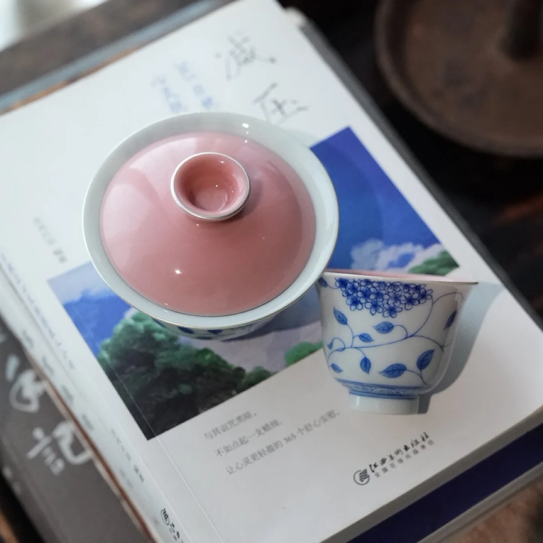 念物山坊—蜜粉桃绣球花盖碗古风创意纯手工022