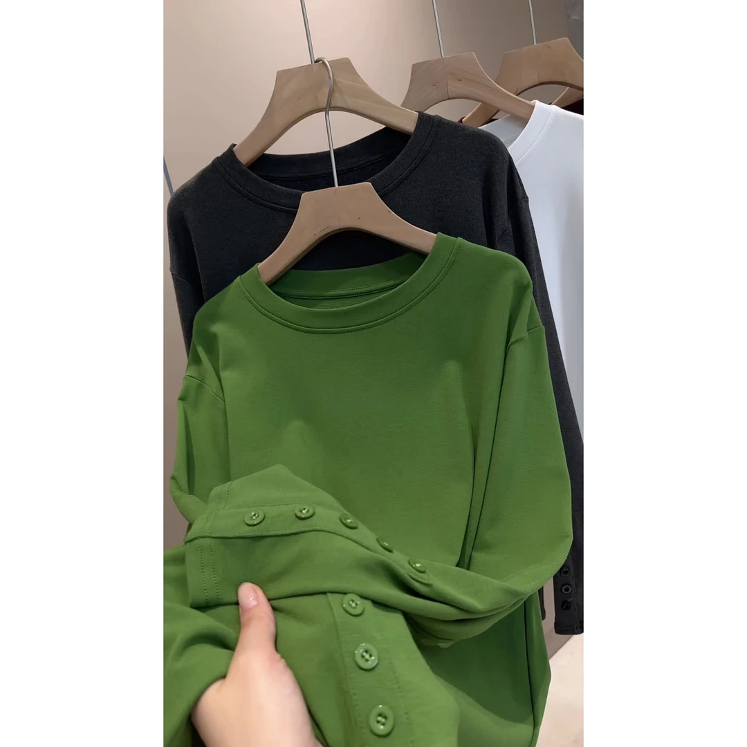 袖扣子长袖圆领加绒T恤韩版设计感宽松休闲百搭宽松打底衫