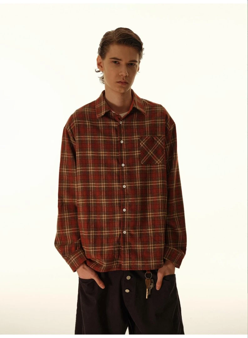 美式复古Vintage红色格子衬衫法兰绒格子衬衫外套格子长袖衬衫男