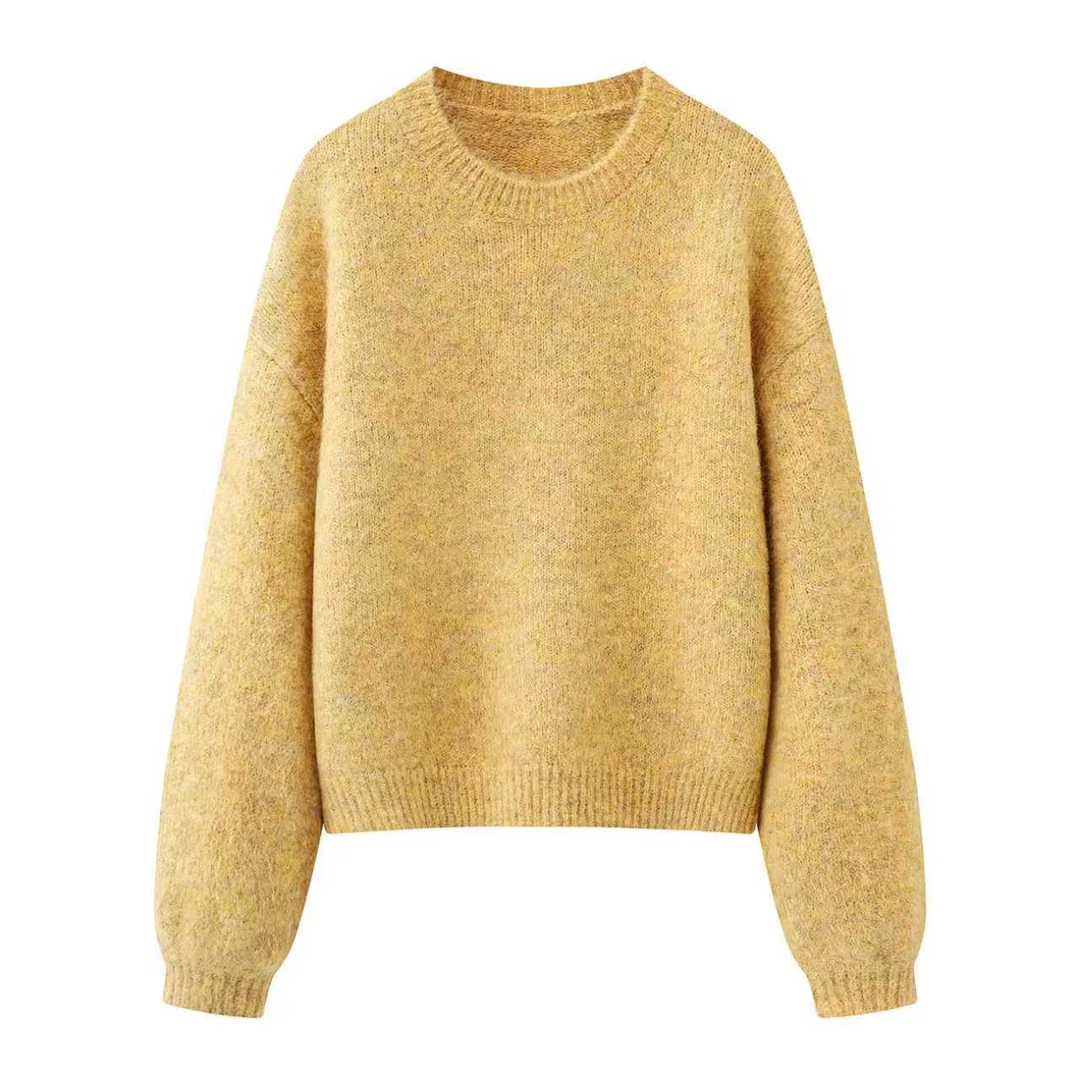 MM商场同款2025冬季新款慵懒风黄色套头毛衣女宽松毛绒针织衫3882