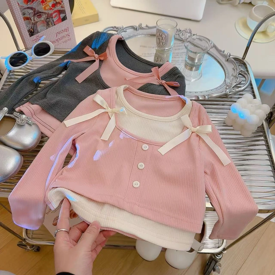 2025秋季新款女童甜美假两件打底衫蝴蝶结T恤