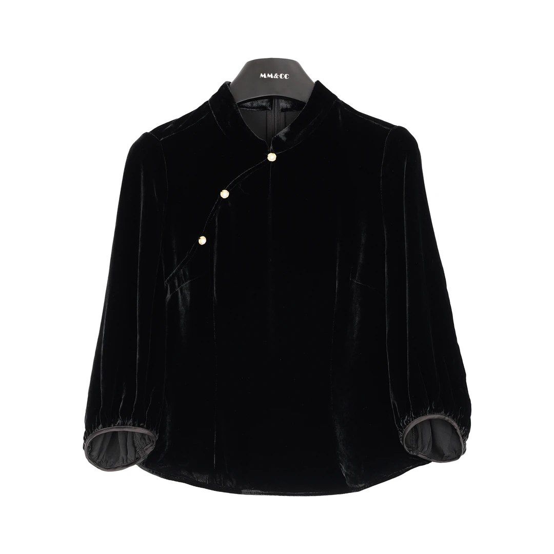 仫赐满分桑蚕丝黑色丝绒中式长袖时尚气质国风秋季上衣F9568
