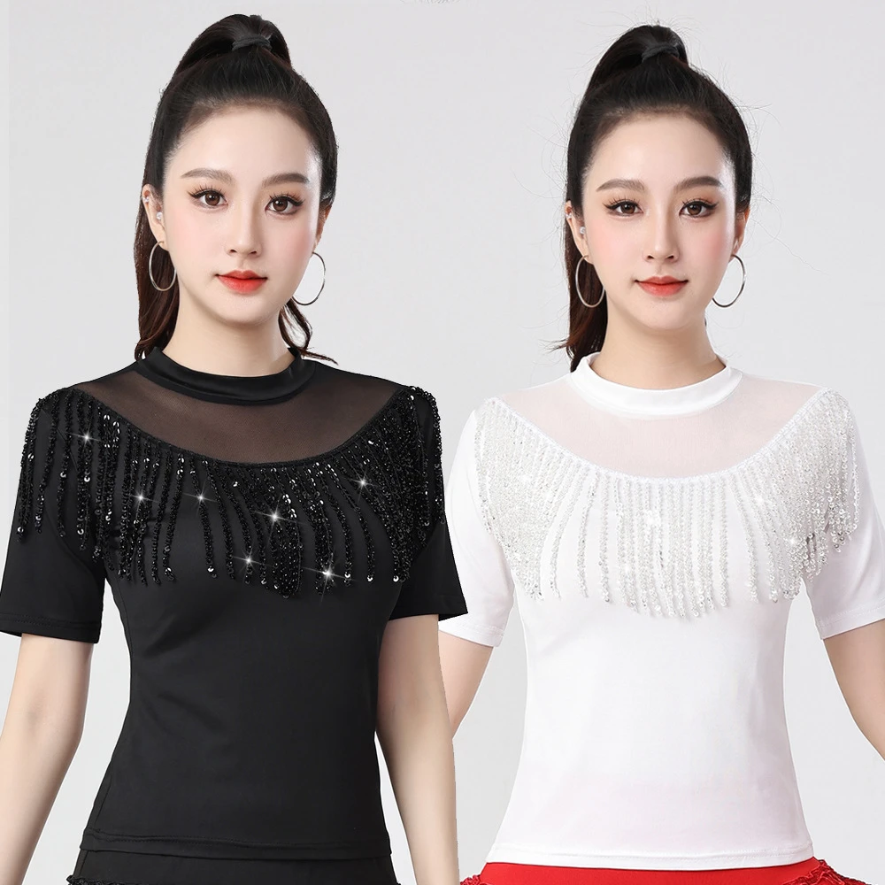 拉丁舞服装新款成人女三步踩跳舞上衣练功服形体服摩登舞国标舞衣