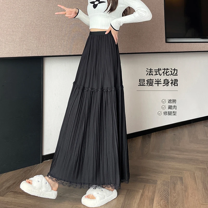 蕾丝花边半身裙女秋季2025新款高腰显瘦a字中长款法式气质百褶裙