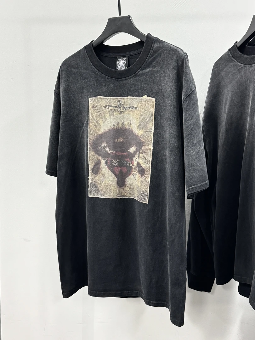巴黎风巴家圣之注视重磅洗水废土高街嘻哈做旧美式重磅短袖T恤