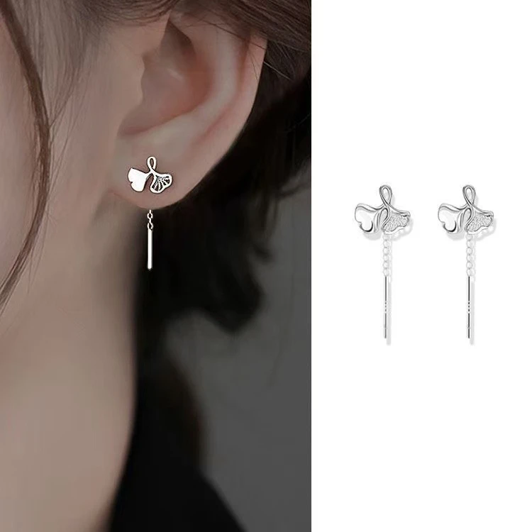 925银耳饰 925银 ED007银杏耳线养耳洞轻奢小众银色耳环