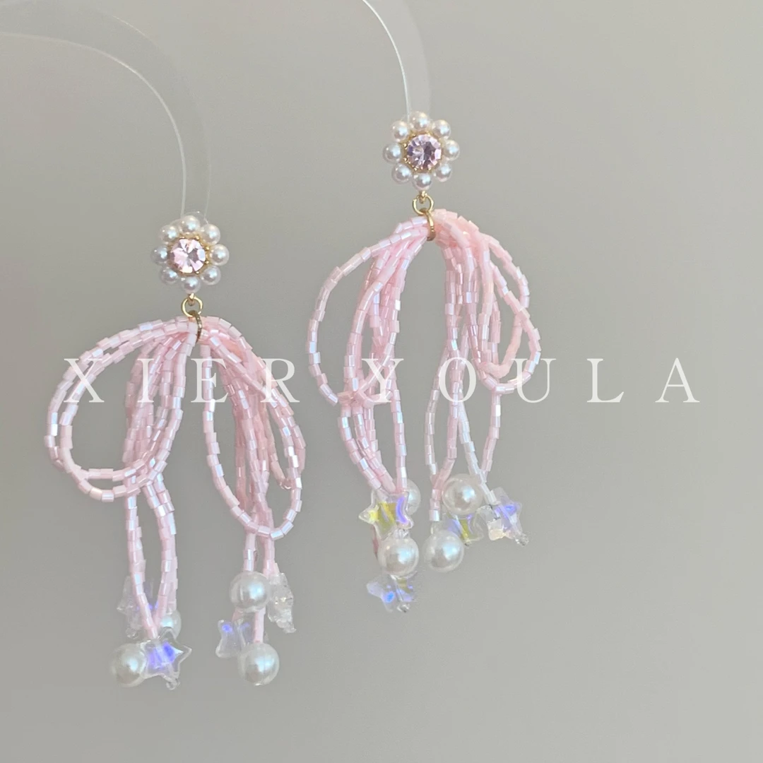 铜合金树脂耳饰 【喜儿】3-1-4气质多层蝴蝶结串珠手作温柔风耳钉