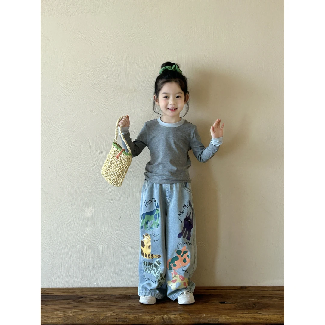 女童2025早秋打底套装假两件T恤衫涂鸦牛仔裤中小童韩版两件套