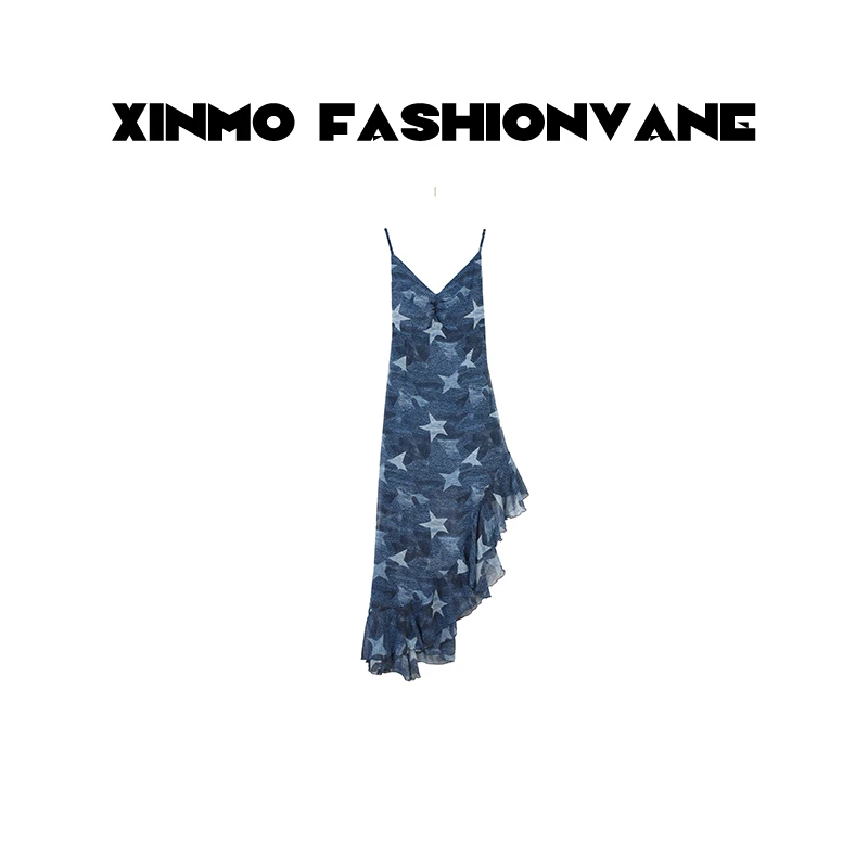 【XINMO买手店】纯欲性感不规则荷叶边扎染V领吊带连衣裙C03010518