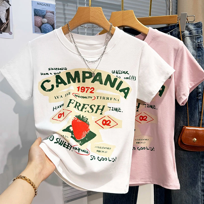 洋气品质女装半袖夏季正肩白色短袖t恤韩版时髦时尚百搭印花体恤