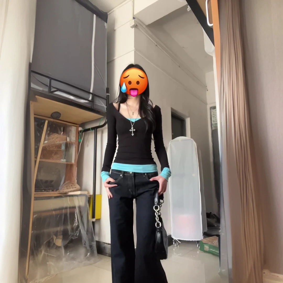 INS CEC春季个性设计感套头针织衫上衣女复古高腰牛仔裤两件套装