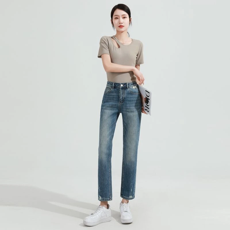 KALEELEMENT/卡乐元素高端牛仔春新品时尚吊磨九分烟管弹力牛仔裤