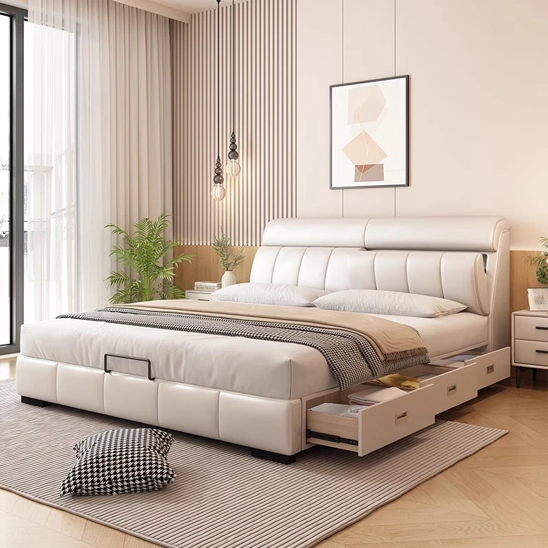 【沐尘】现代简约卧室真皮床主卧1米8意式极简床头带储物空间双人床