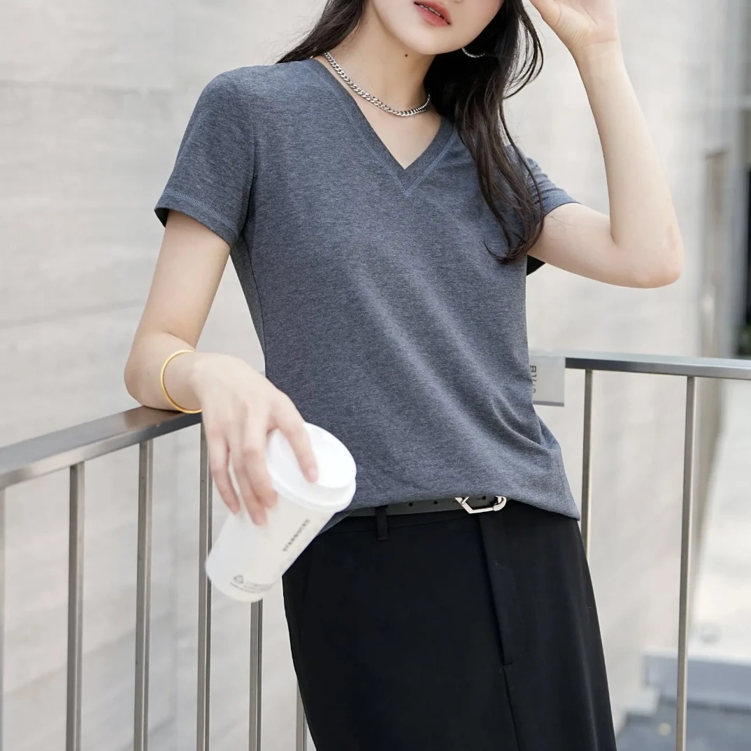 经典百搭夏季女士新款V领显瘦简约收腰T恤5301024
