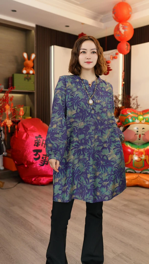 现货【3693蓝色烟花】125扎染气质宽松时尚百搭长袖春款中长上衣