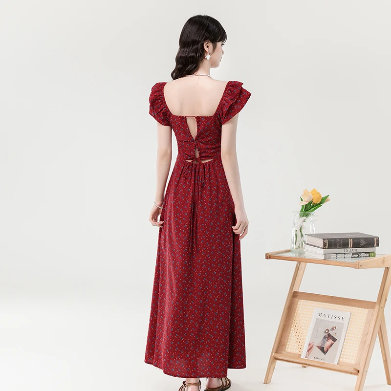 2025夏季新款法式优雅方领小碎花抽绳系带显瘦长款度假风连衣裙子