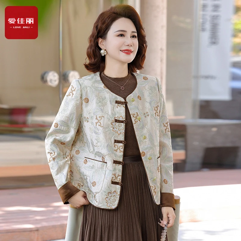 中老年妈妈秋季新款国风气质宽松型轻奢风暗纹提花工艺设计款外套