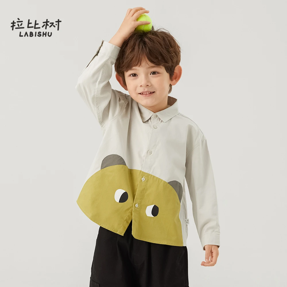 拉比树2025春季新款小熊拼接衬衫舒适百搭纯棉衬衣男童休闲衬衫