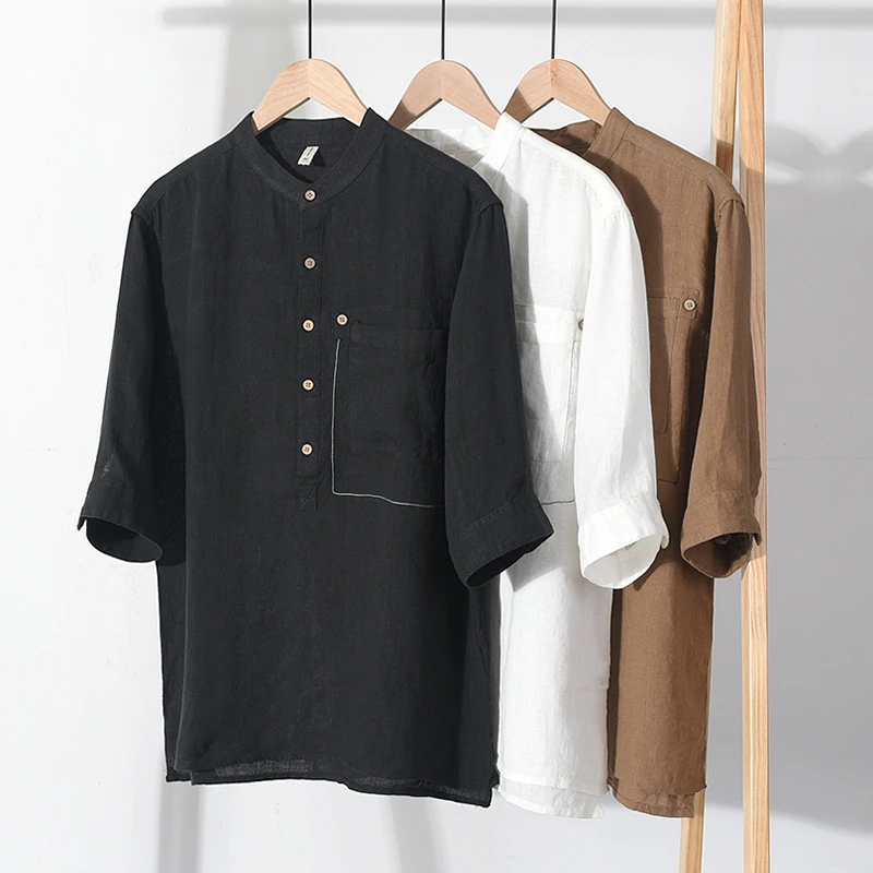 春夏新款亚麻中袖衬衫男士五分袖中式立领休闲麻料复古衬衣82242