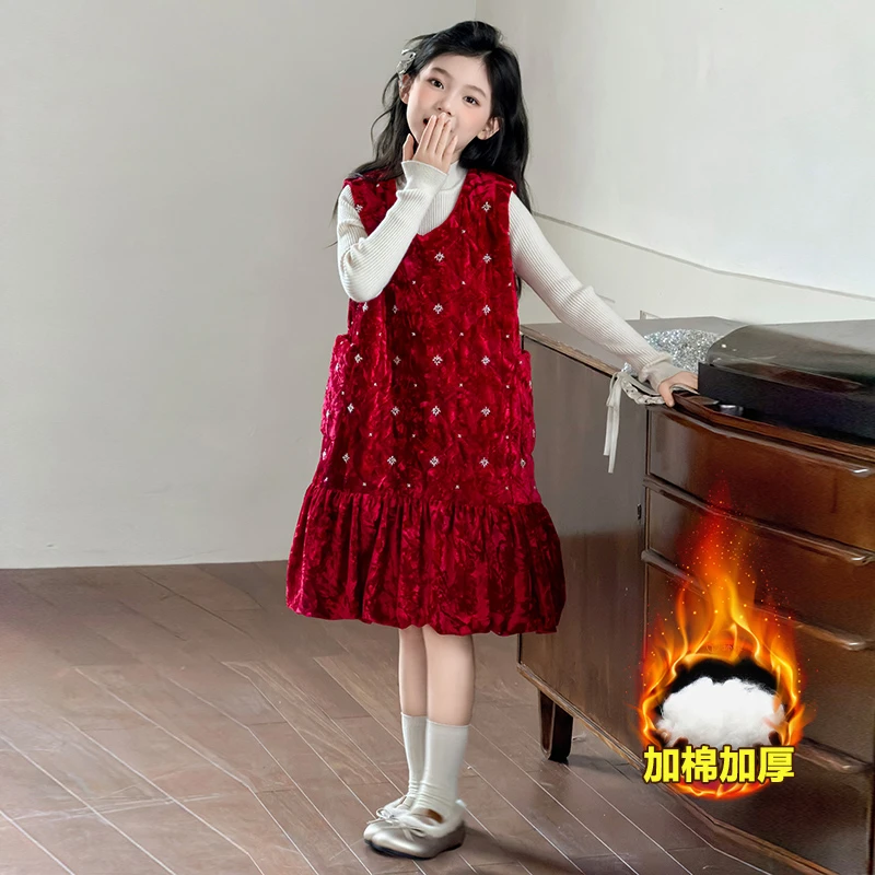 女童红色加厚连衣裙小女孩法式减龄钉珠绗棉背心裙新年公主拜年服