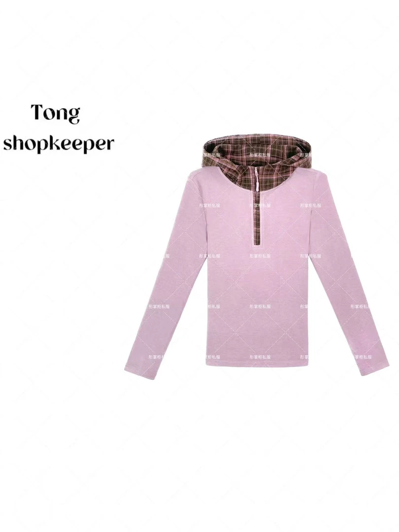 QJ/彤掌柜1682513 秋2025高定山羊绒桑蚕丝简奢格纹连帽气质上衣