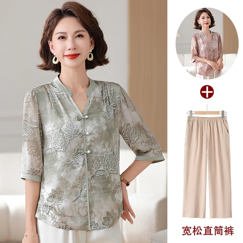 新款时尚中年妈妈夏装新中式套装中老年女夏季洋气小衫休闲两件套