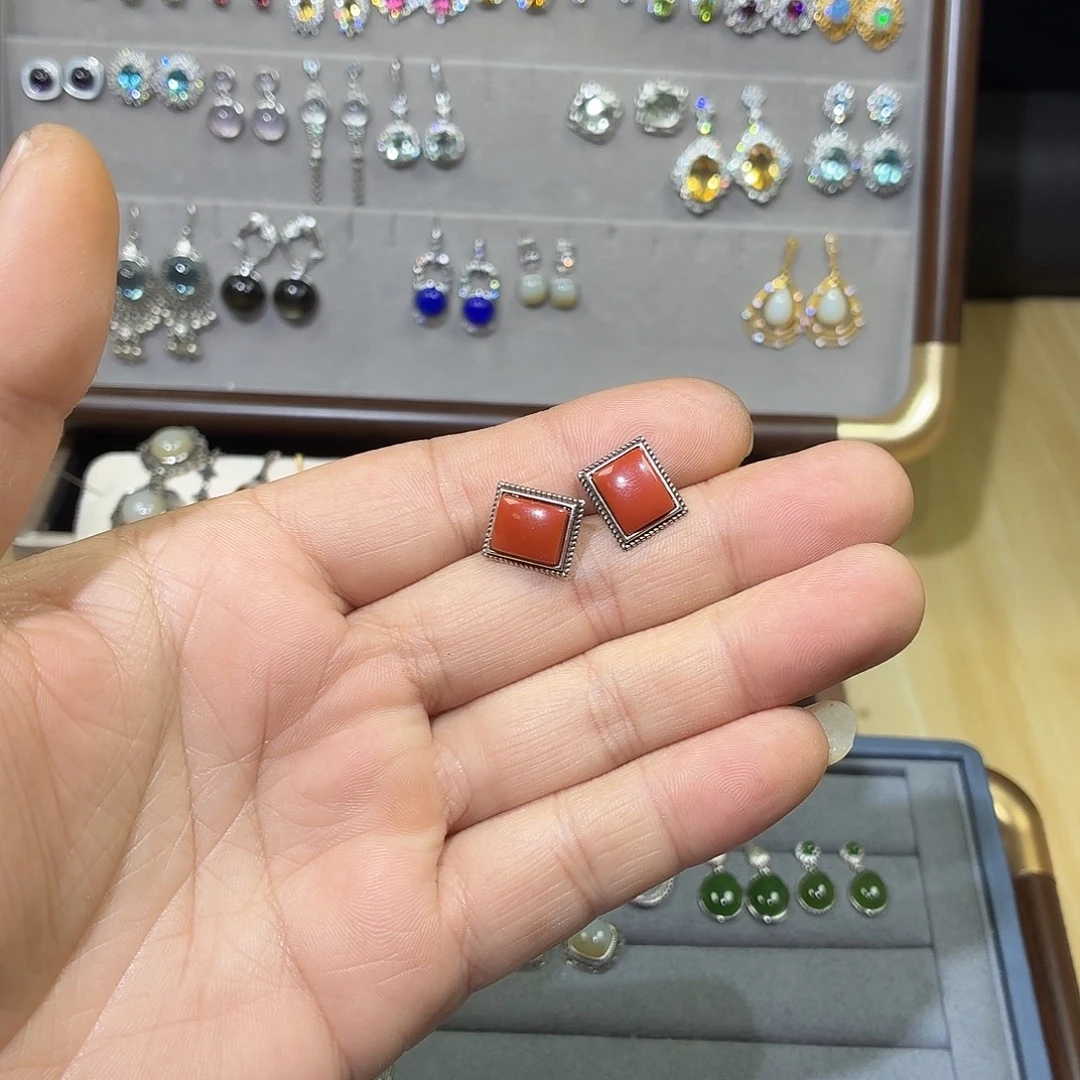 南红玛瑙银S925镶嵌耳饰