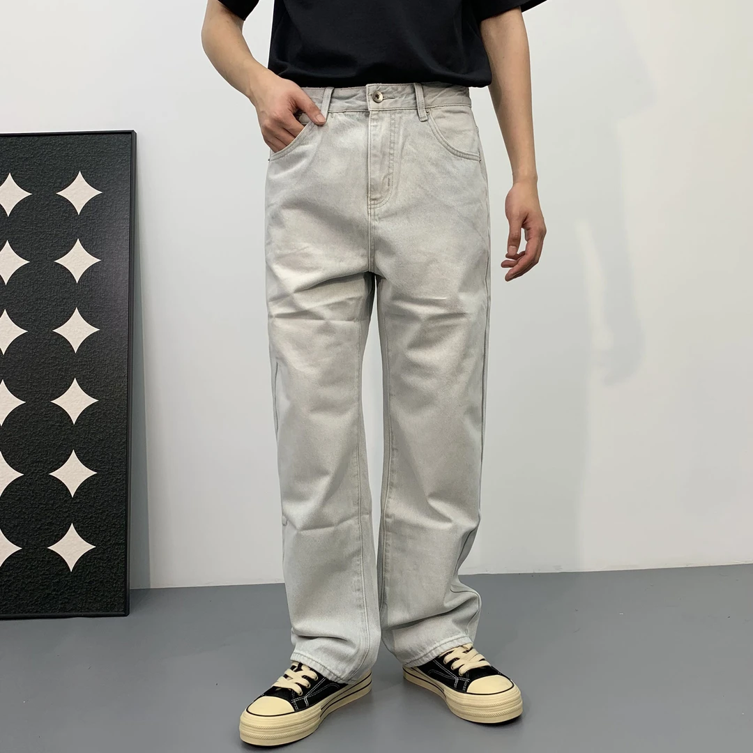 浅灰色美式休闲百搭直筒牛仔裤高街时尚潮牌男士水洗宽松阔腿长裤