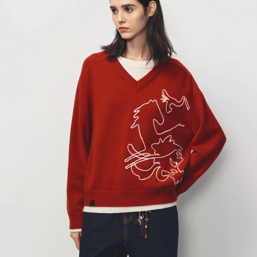 【小竹马胶囊】AVVENN假三件套立体绣花撞色毛衫本命红AK10601660