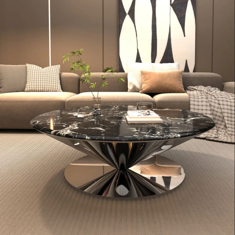 天然奢石茶几黑玫瑰圆形设计师创意不锈钢飞碟客厅大理石圆形茶几