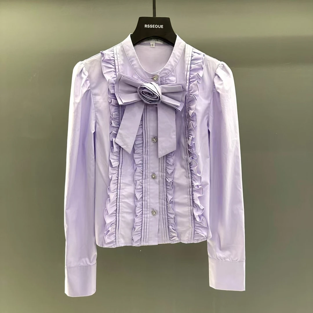 甜美立体可拆卸花朵装饰木耳边拼接圆领单排扣百搭长袖